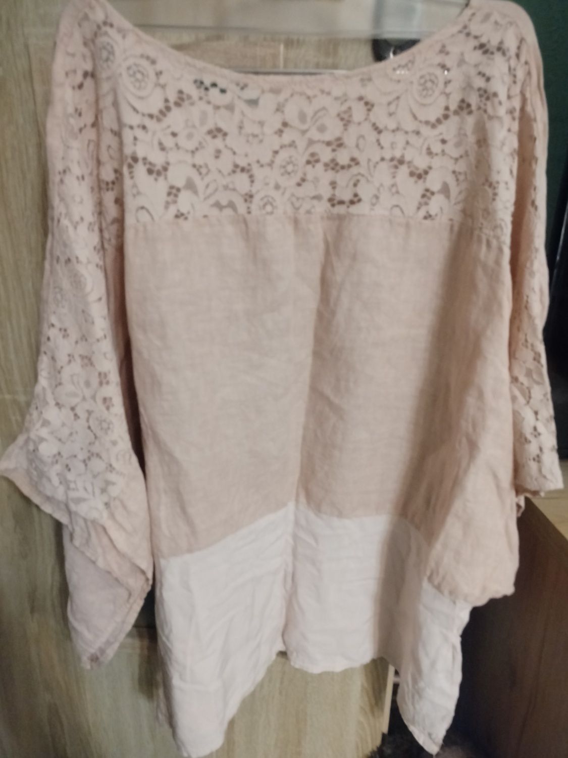 Bluzka damska boho pudrowy róż włoska len koronka kwiat cekiny XL XXL