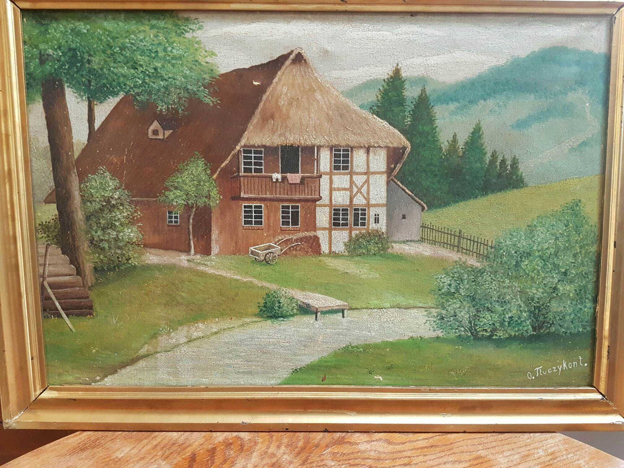 Obraz ręcznie malowany olej na płótnie "Domek w górach" Sygn 70x50