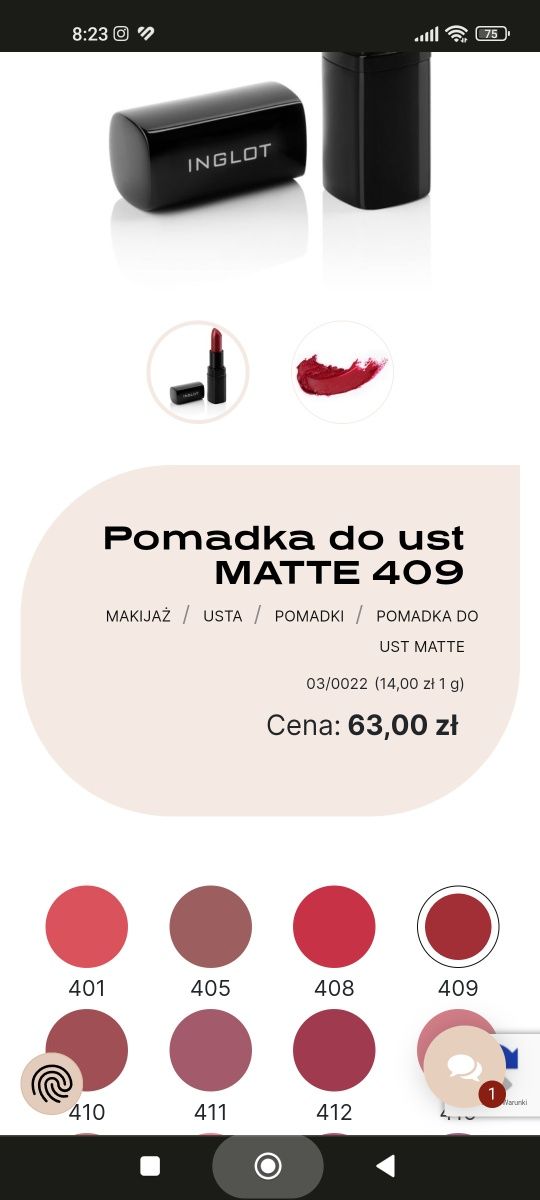 Inglot pomadka do ust matowa czerwień MATTE 409