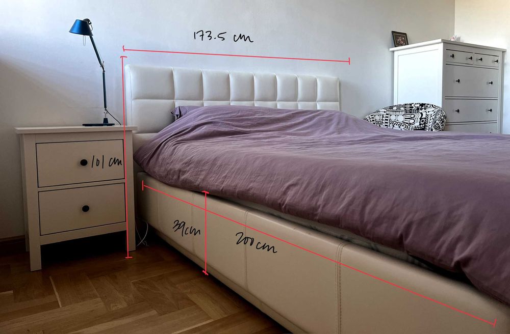 Nowoczesny komplet sypialniany–łóżko skórzane+szafka nocna+komoda