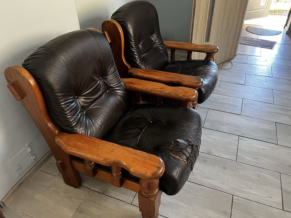 Sofa + dwa fotele drewno dąb skóra naturalna