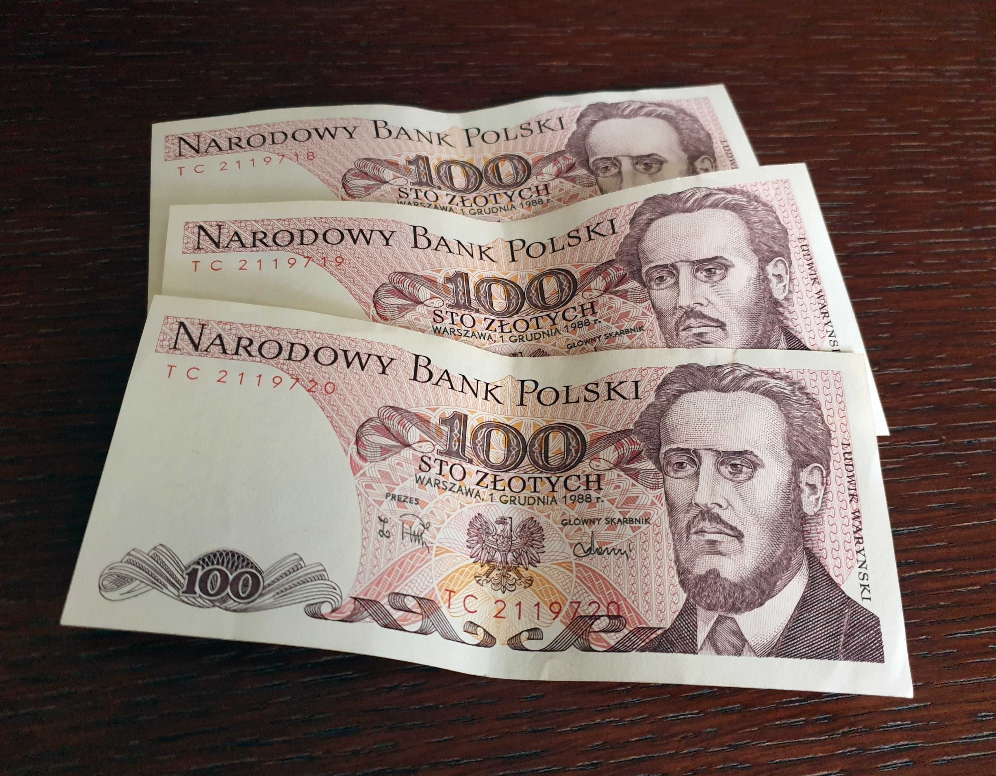 Banknoty (3 szt, TC kolejne numery) PRL 100 złotych / Waryński 1988