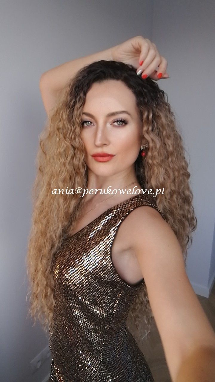 Peruka karmelowy blond lace front z odrostem afro loki kręcone włosy