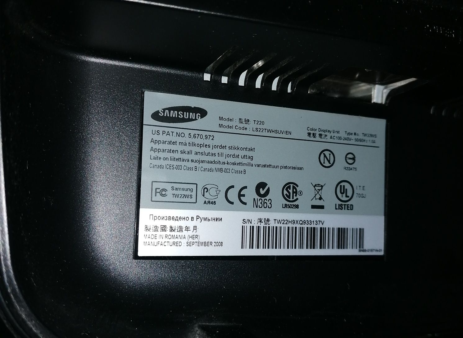 Monitor LCD 22" Samsung T220, DVI, VGA,
