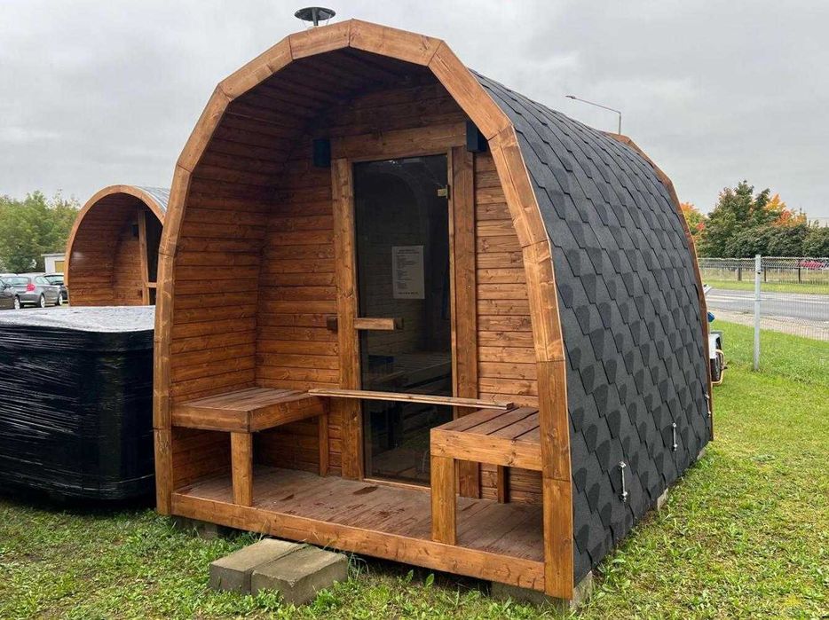 Sauna ogrodowa piękna panorama z piecem opalanym drewnem iglo