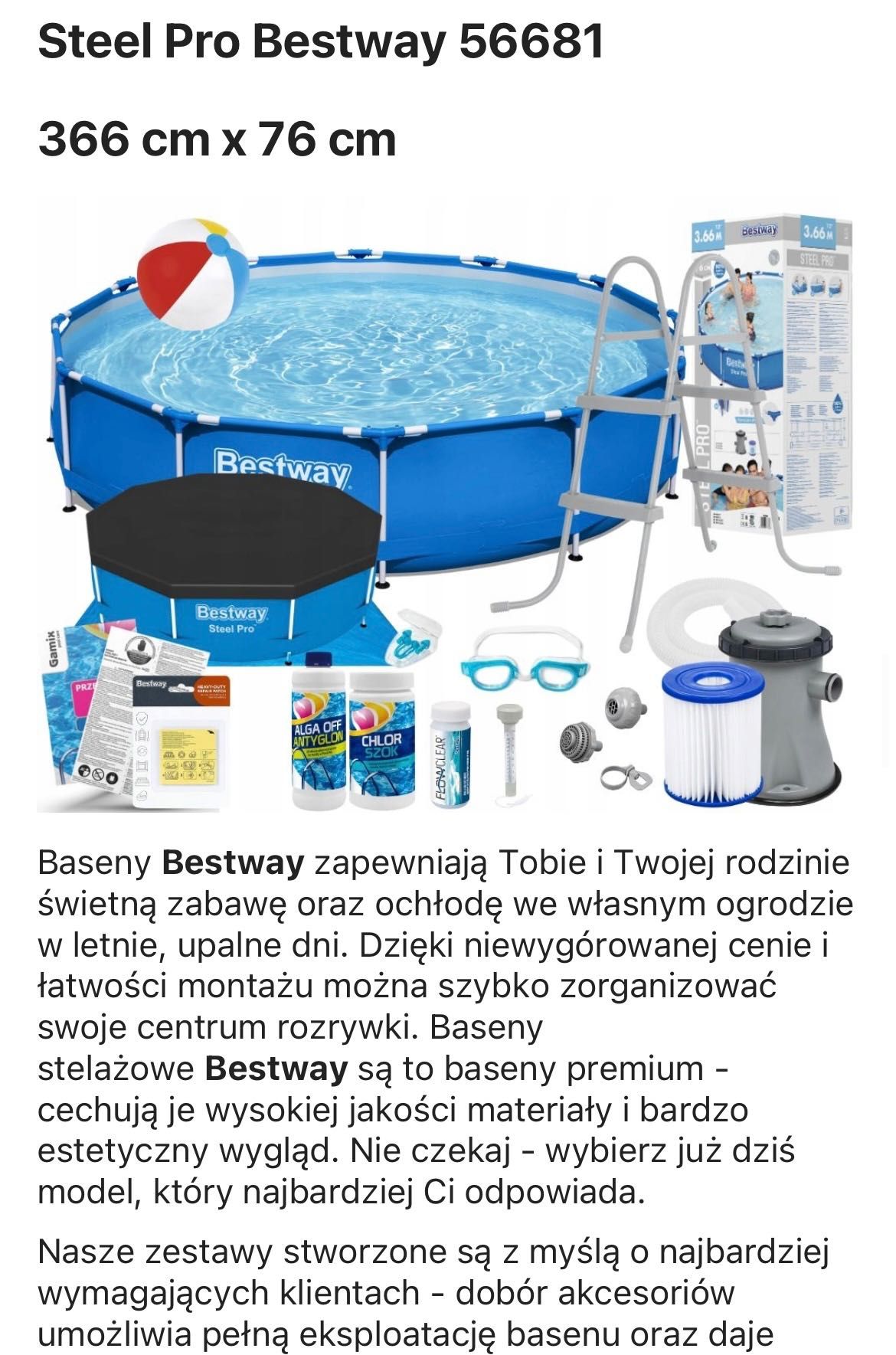 Basen stelażowy Stelpro 56681 nowy  366cmx76cm gratis kosmetyki okazja