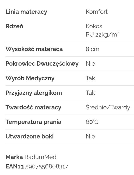 BADUM Materac KOMFORT BABY Coco 120x60