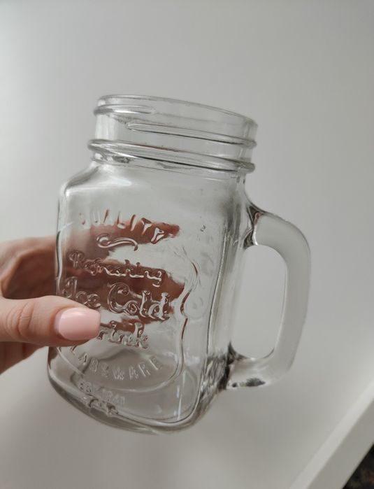 Szklanka z uchwytem, kubek w kształcie słoika, z napisem