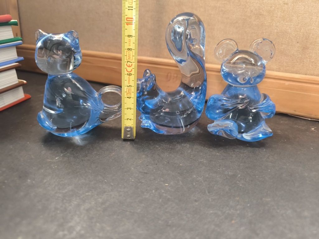 3 Figurines Vidro Azul - Gato, Esquilo, Rato