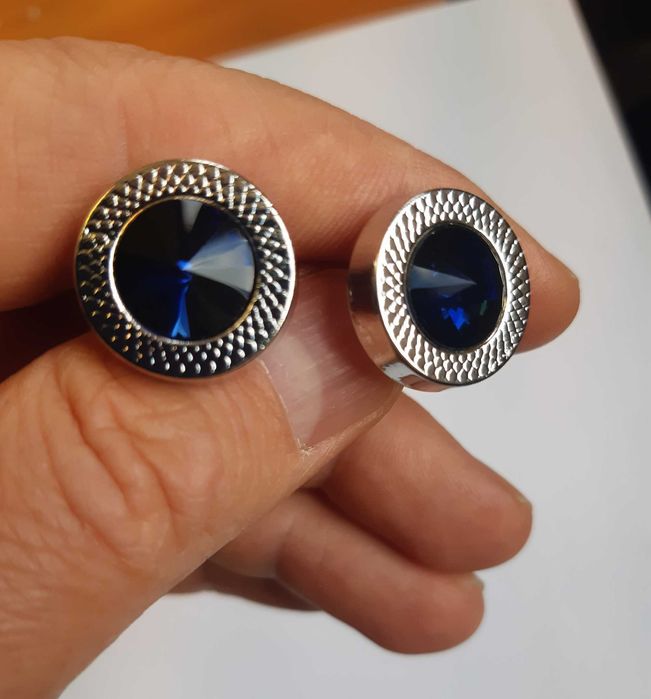 Spinki do mankietów do koszuli okrągłe niebieskie z kryształem srebrne