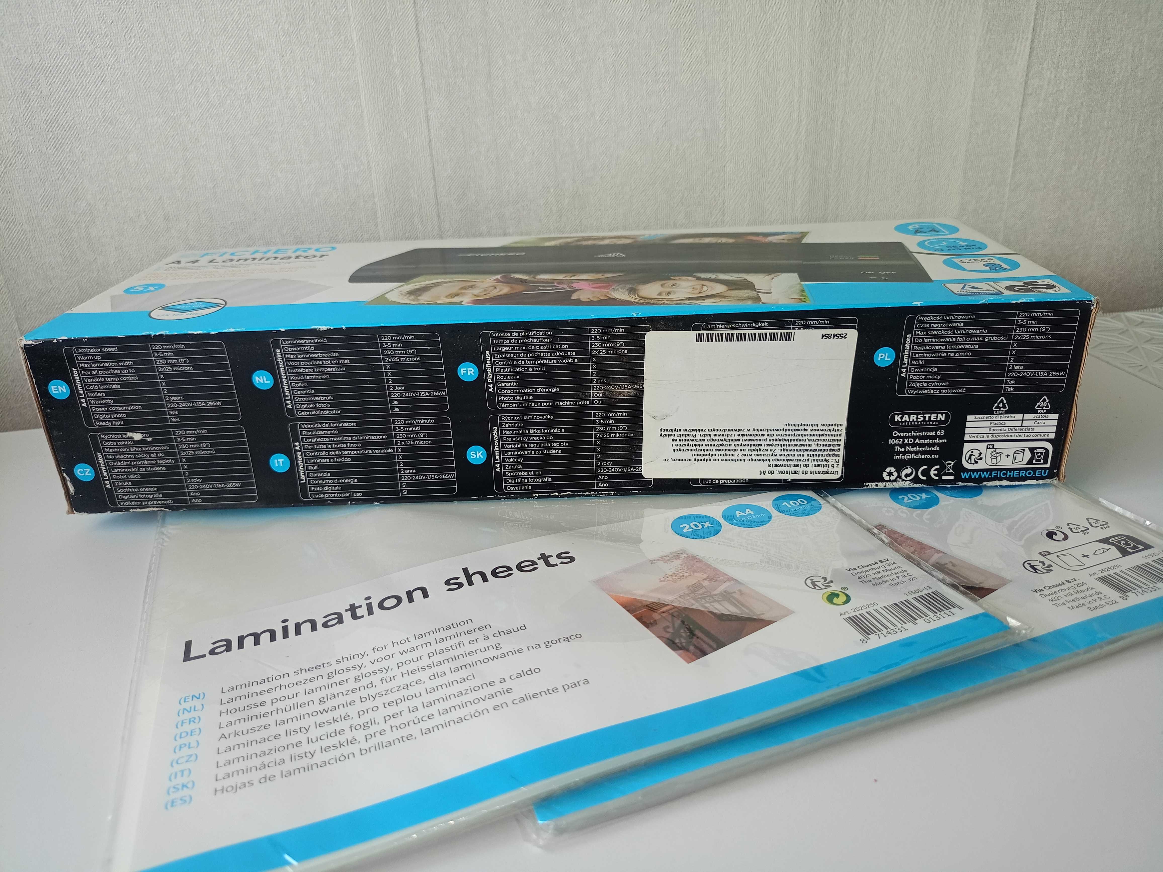 Laminator na gorąco FICHERO A4  + 2 opakowania koszulek. NOWY.