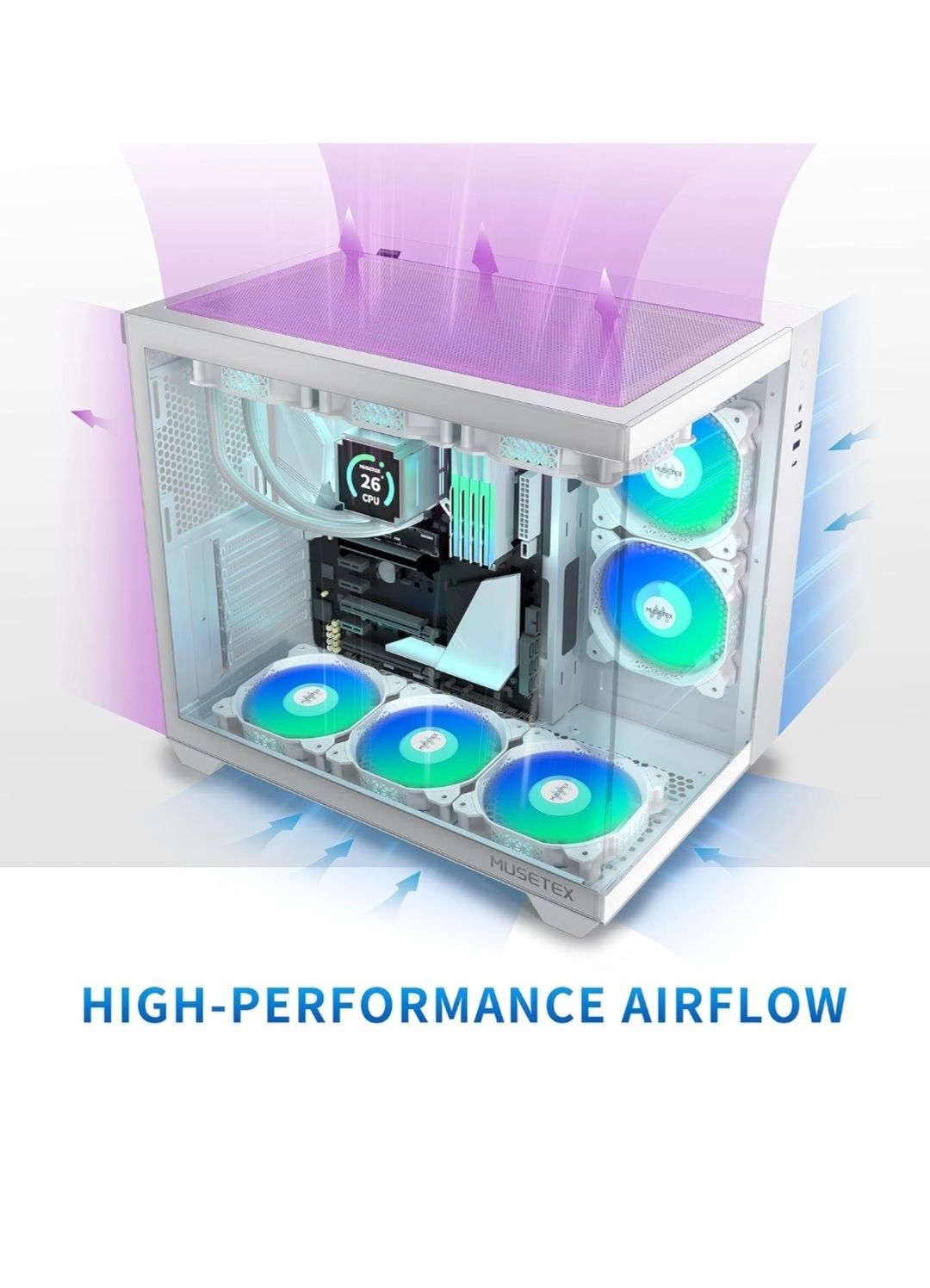 MUSETEX Obudowa PC ATX wstępna instalacja 5 wentylatorów PWM ARGB