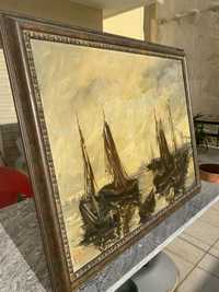 Óleo sobre tela “Barques de pêche au port” Pintor belga Lemmers séc 19