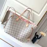 Shopper torebka Louis Vuitton Neverfull MM biała kratka różowy środek