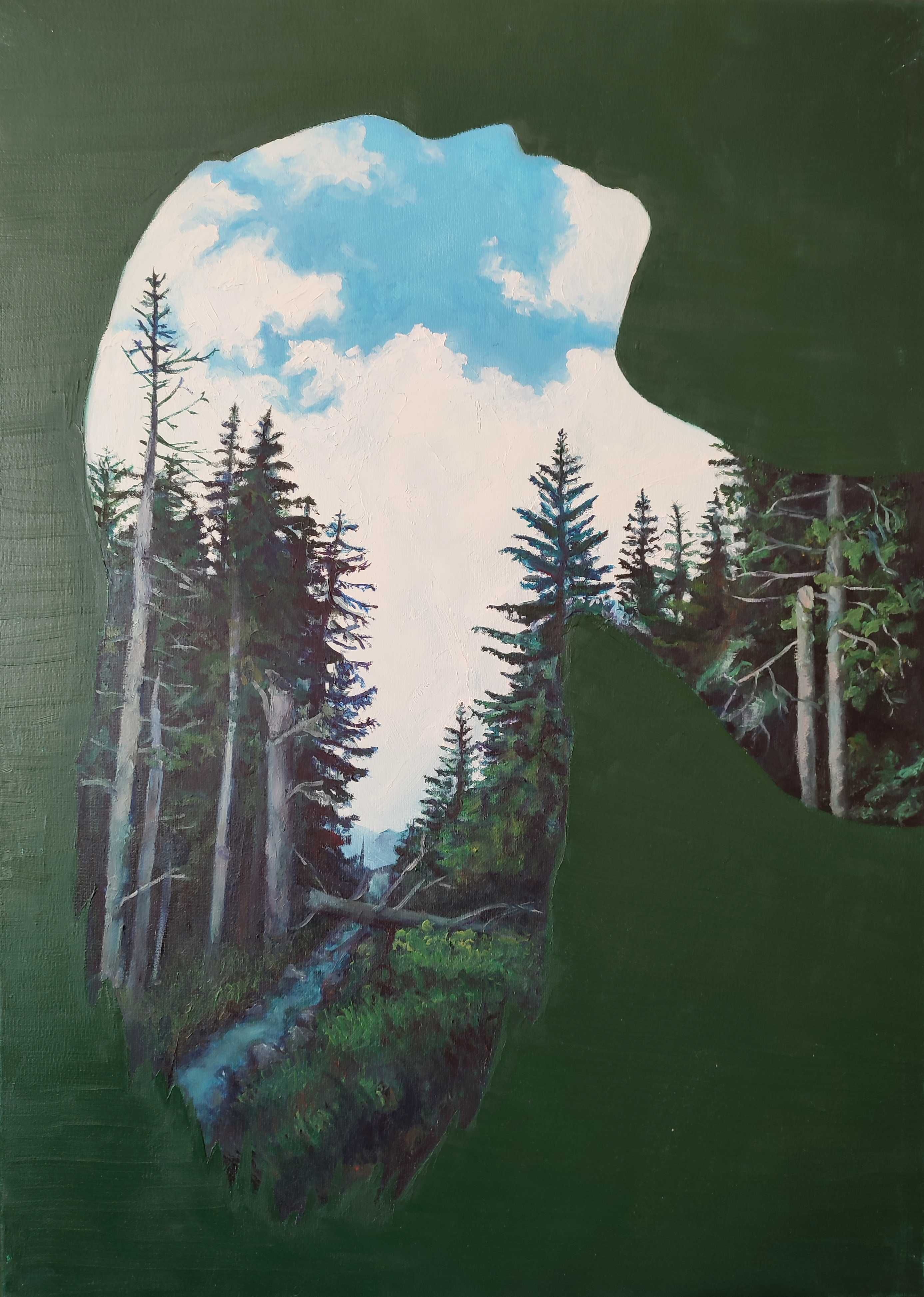 Obraz malarski, nowoczesny, natura, kobieta, zielony, 50x70cm, olejny