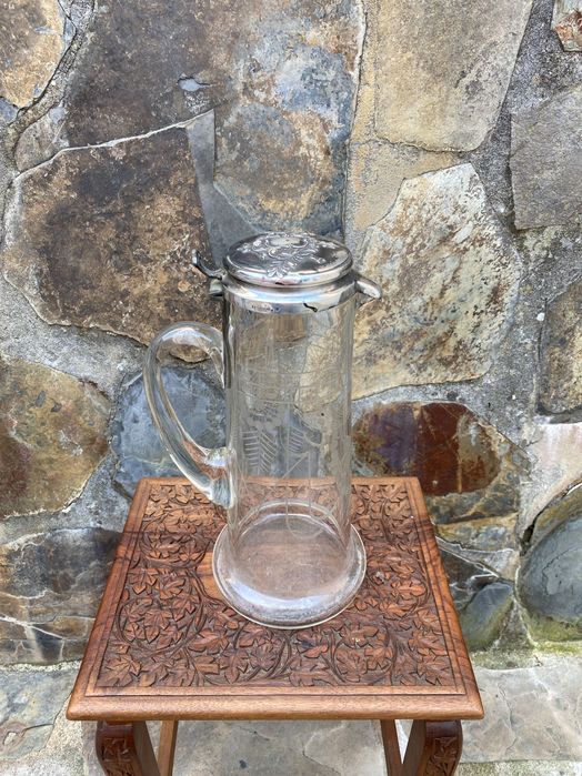 Jarro vidro Séc XIX Tampa prata Portuguesa Javali 31 cm