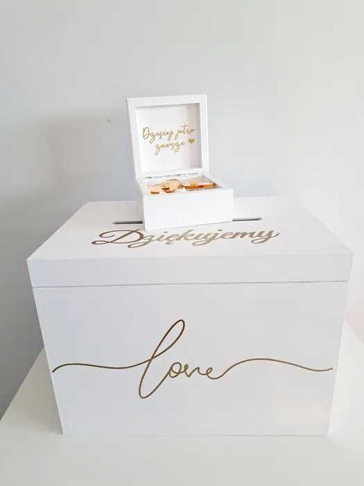 Białe pudełko na koperty skrzynka na obrączki złote napisy wesele