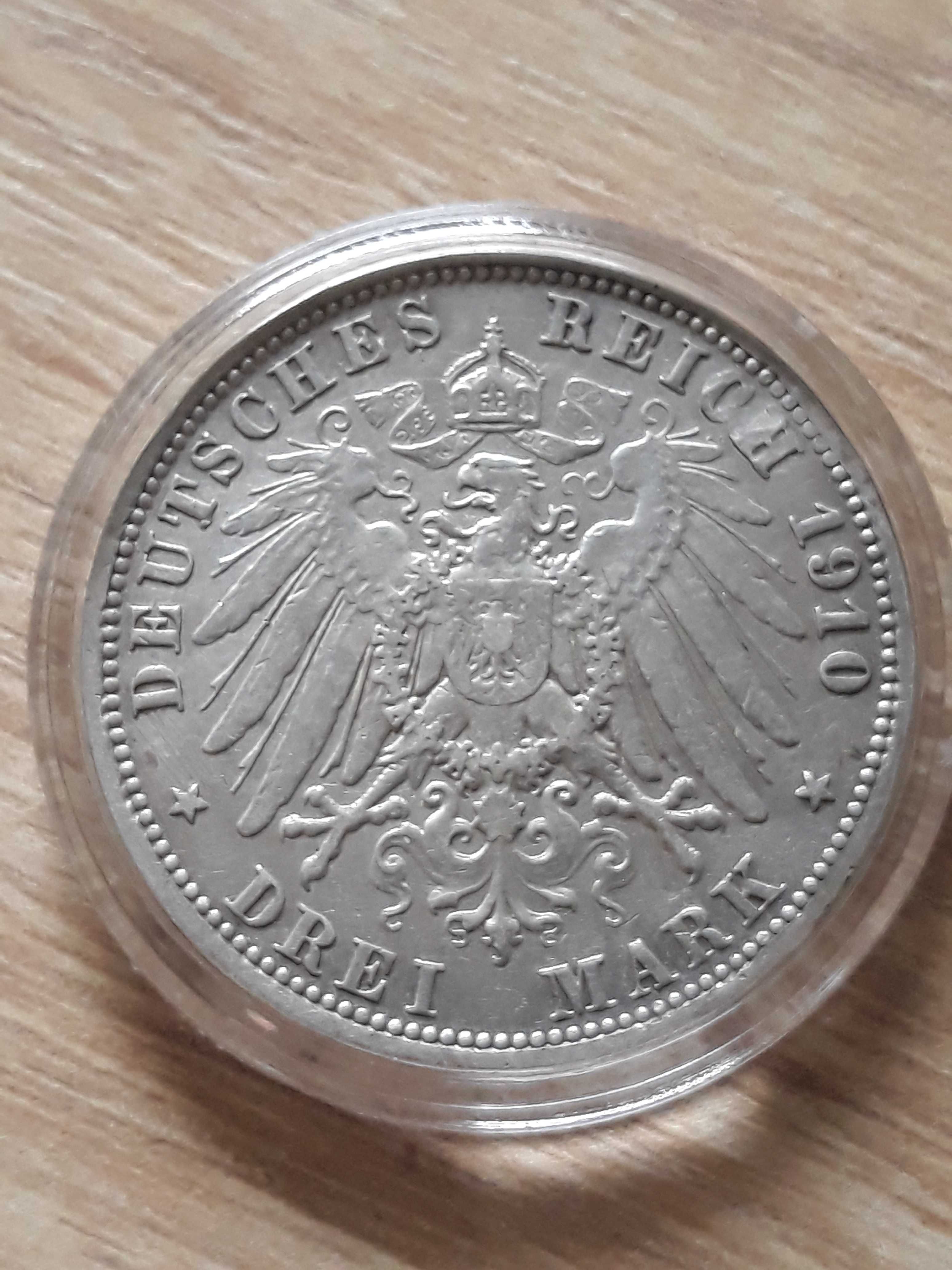 3 Marki Wilhelm II 1910 r. -Prusy - men A- Piękna - oryginał
