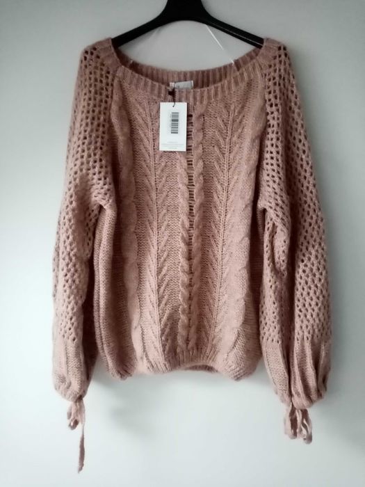 Nowy sweter, warkocze, ażurowe rękawy, jasnobrązowy, oversize, Andżela