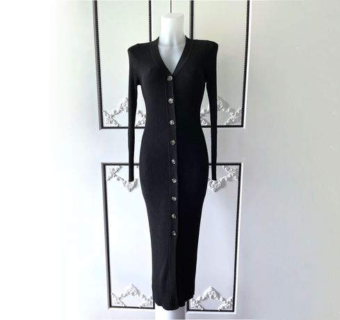 H&M Czarna sukienka Midi z guzikami z prążkowanej dzianiny Rozmiar S