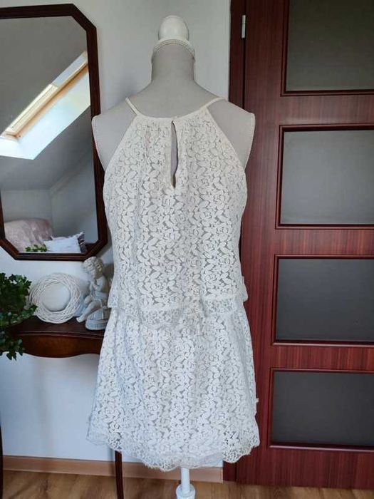 Sukienka koronkowa bawełniana koronka ecru kremowa XS 34 Mango