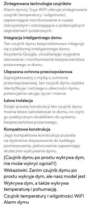 Wykrywacz dymu WIFI z pomiarem temperatury i wilgotności - ALARM