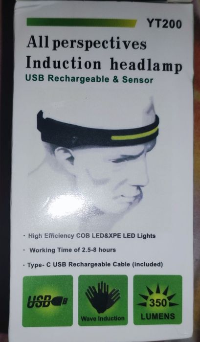 Налобный фонарик на акб,4 режима,датчик движения