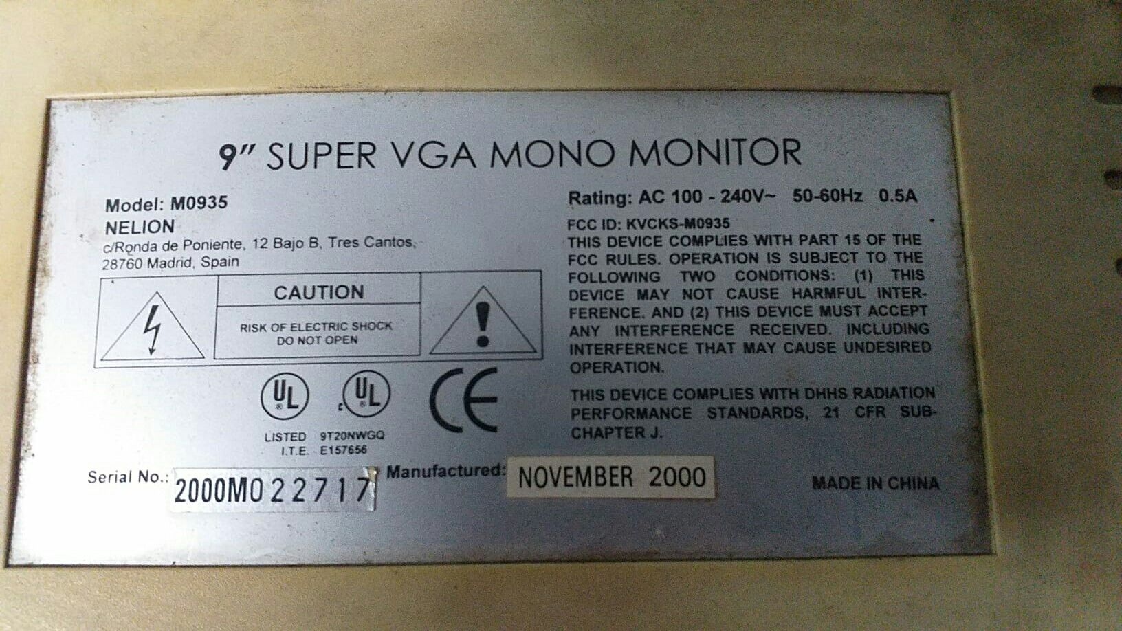 Monitor CRT 9" NELION Mod. M0935 Super VGA Mono