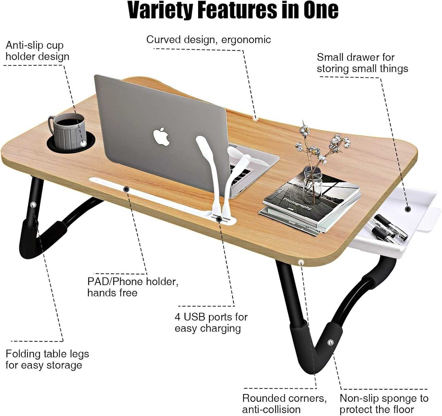 Nowy stolik pod laptopa / składane biurko /USB/ podstawka 60x40 !3970!