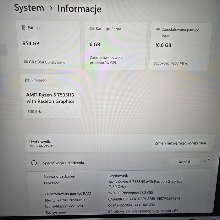 Notebook Acer Nitro V 15, stan idealny