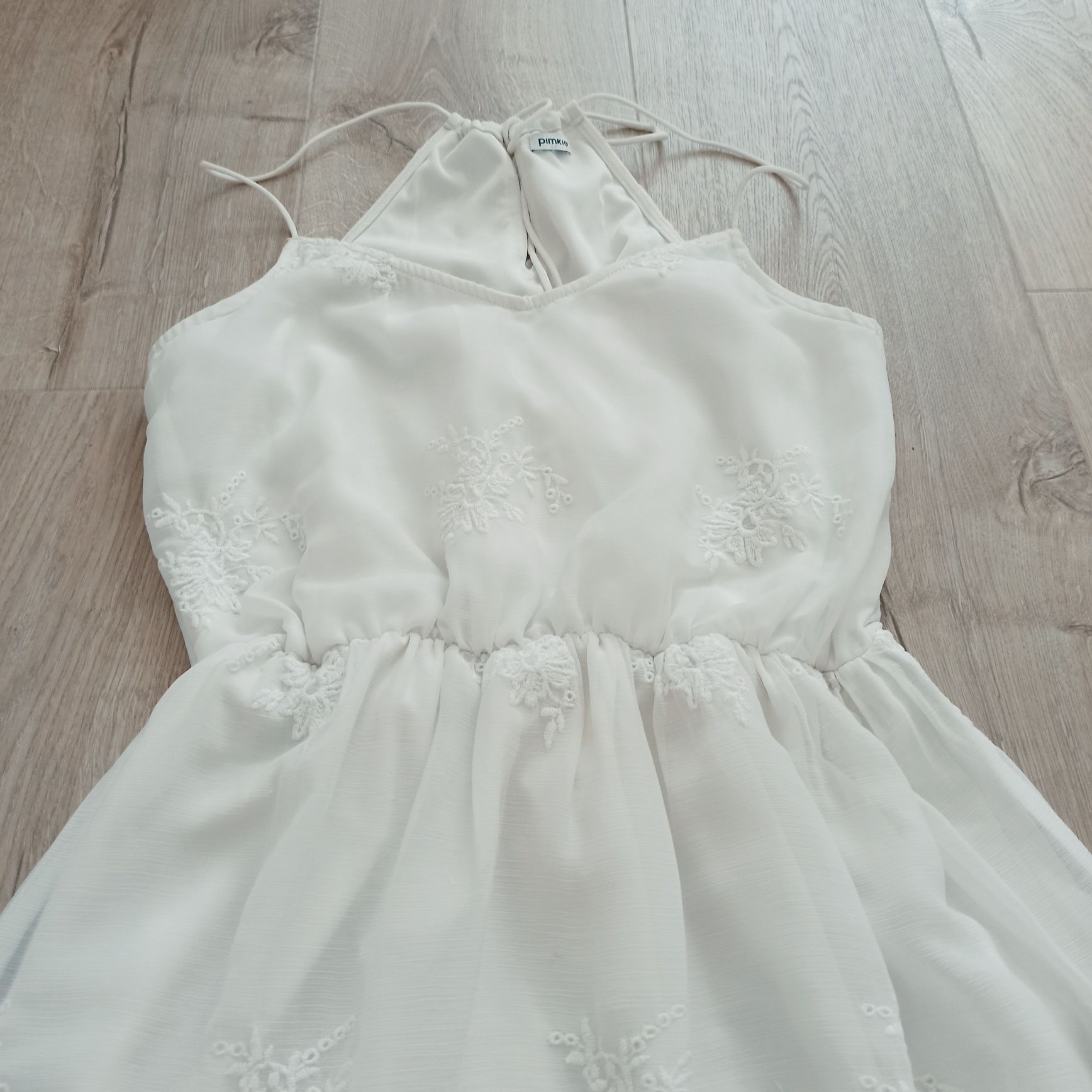 Śliczna biała dziewczęca ecru koronkowa sukienka gipiura wakacje S 36