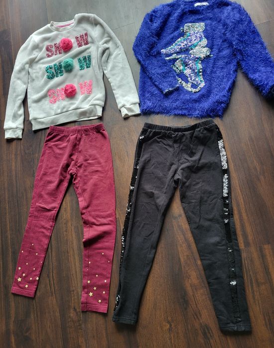 Zestaw ubrań sweterki legginsy 134