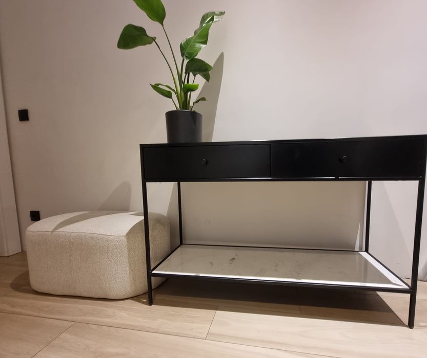 Konsola drewno metal z półką z marmuru