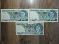 Zestaw 3x banknot PRL 1000 złotych 1982 rok ser. KD kolejne numery UNC