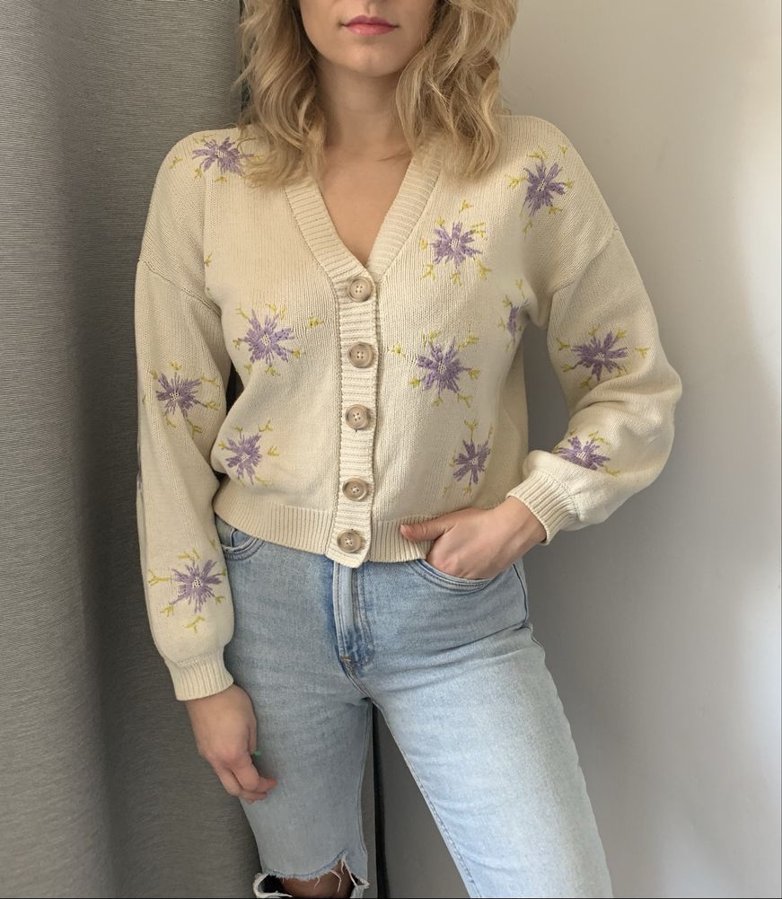 YAS wiosenny sweter kardigan w kwiaty aesthetic oversize cropped S