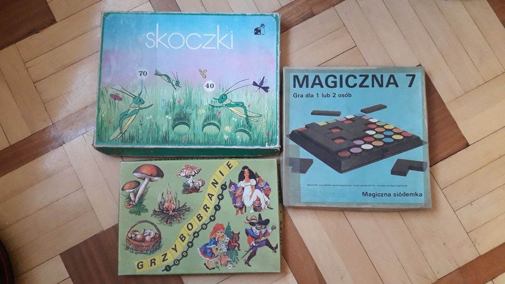 Gry planszowe PRL sztuk 3. Grzybobranie, Magiczna Siódemka, Skoczki