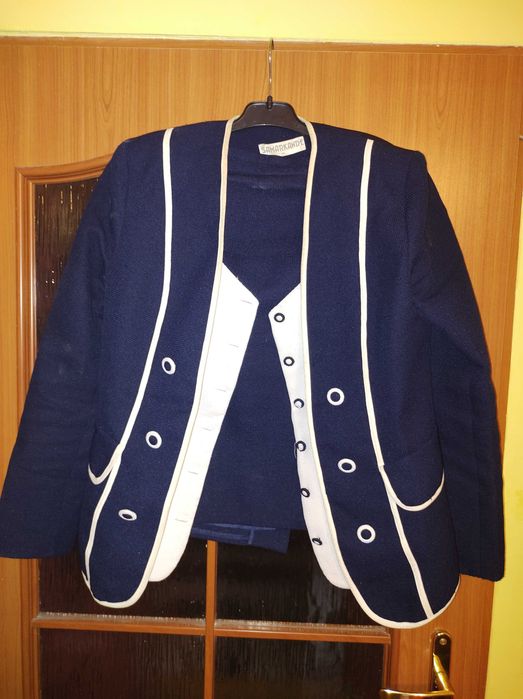 GARSONKA WYJŚĆ. GRANAT BIAŁE WSTAWKI roz.XL żakiet spódnica st.b.dobry