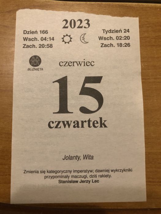 Kartka pamiątkowa z kalendarza zdzieraka na 15.06.2023