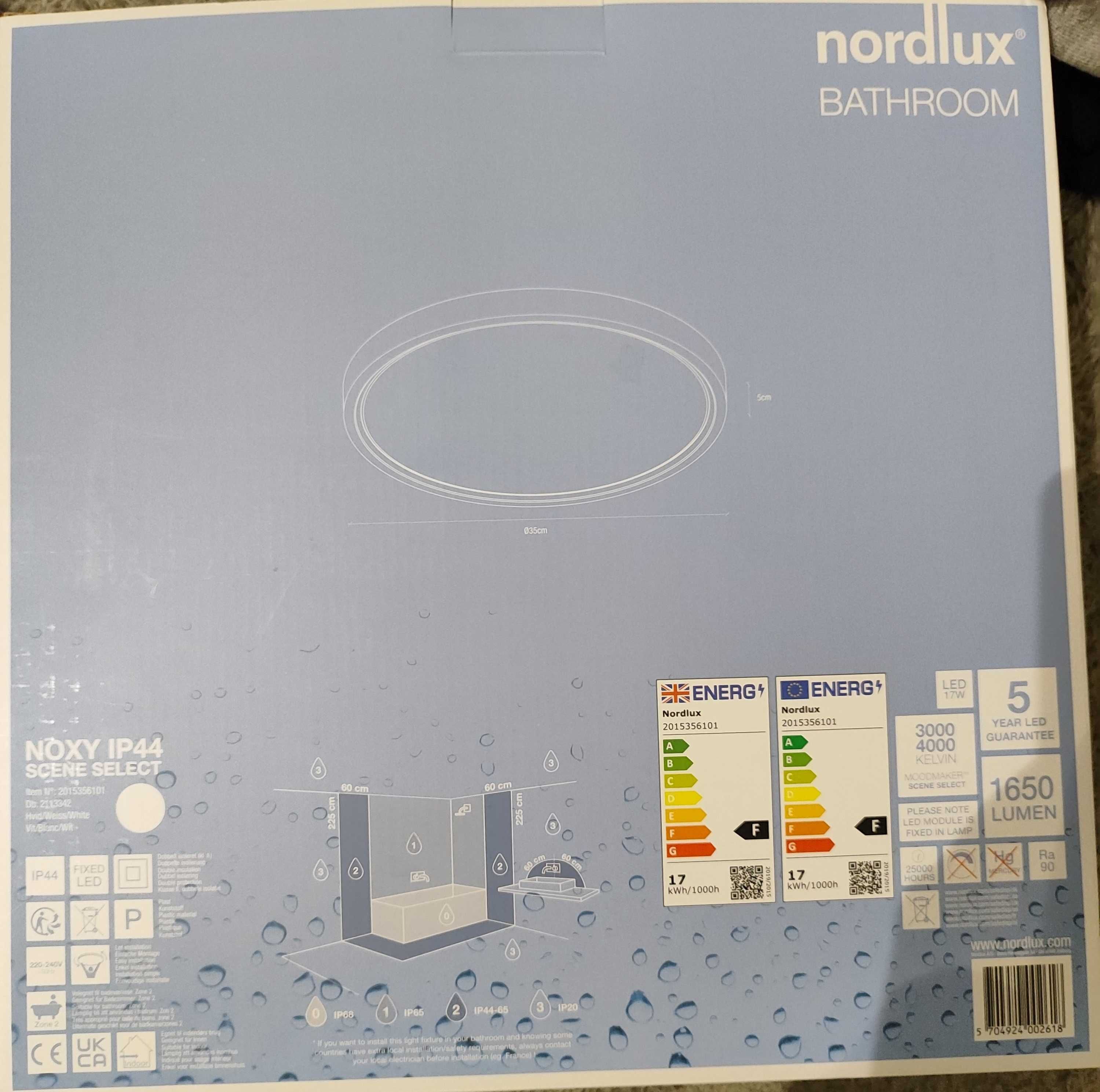 Nordlux Noxy IP44 łazienkowy 35 cm biały plafon led ściemnialny