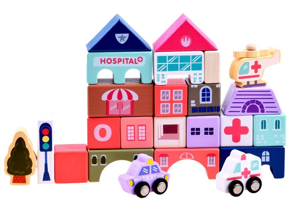 Pastelowy Zestaw Klocki drewniane Miasteczko + Mata puzzle 115 ele