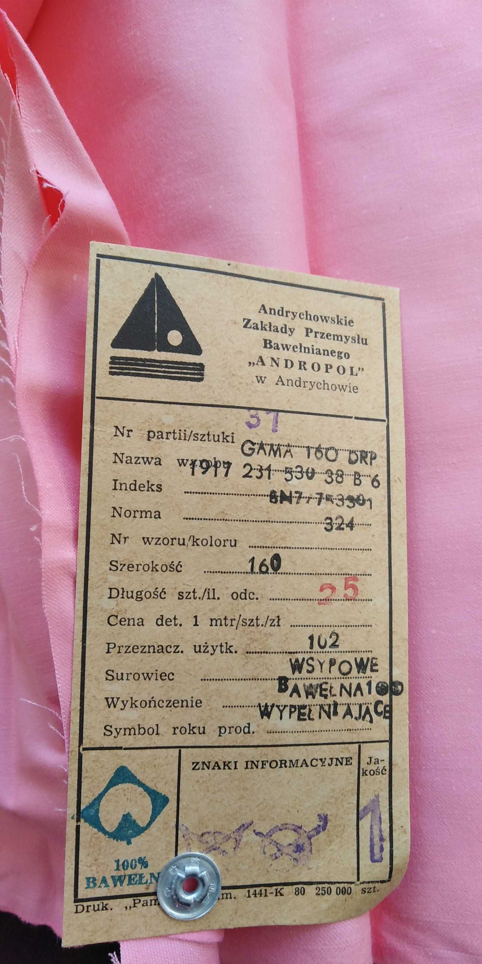 wsyp andrychowski PRL na kołdry pierzyny dł 11,8 m szer 160 cm bawełna