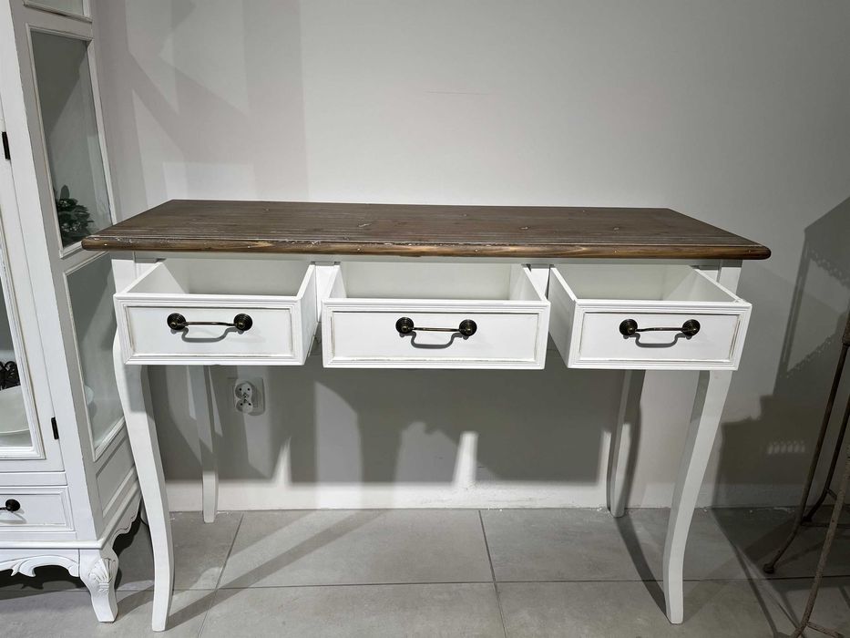 Rimini White Konsola prowansalska biała z przecieranym brązowym blatem