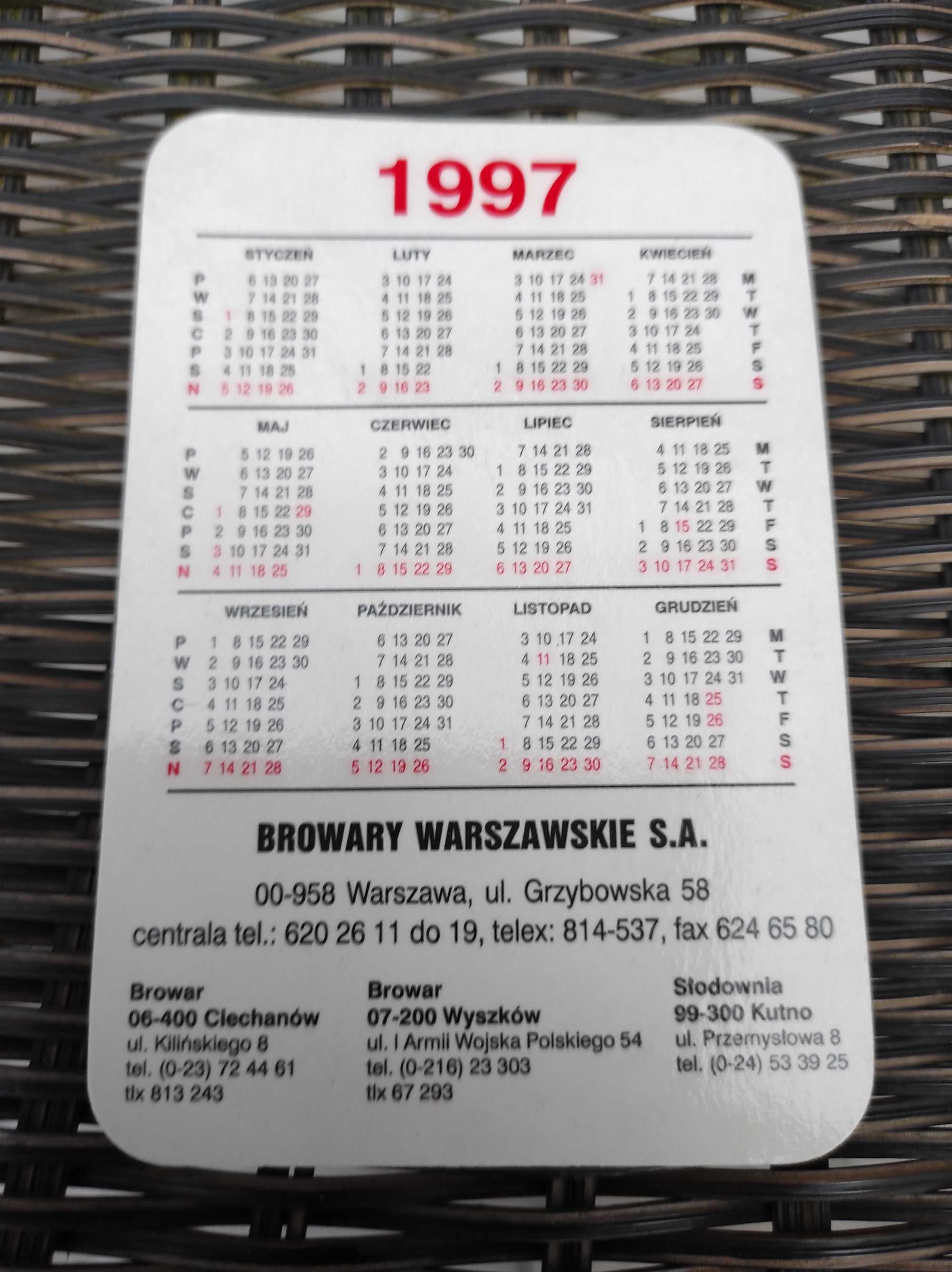 Kalendarzyk listkowy Browary Warszawskie 1997 r