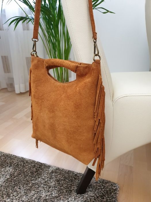 VERA PELLE torebka zamszowa listonoszka boho z frędzlami V406 taupe