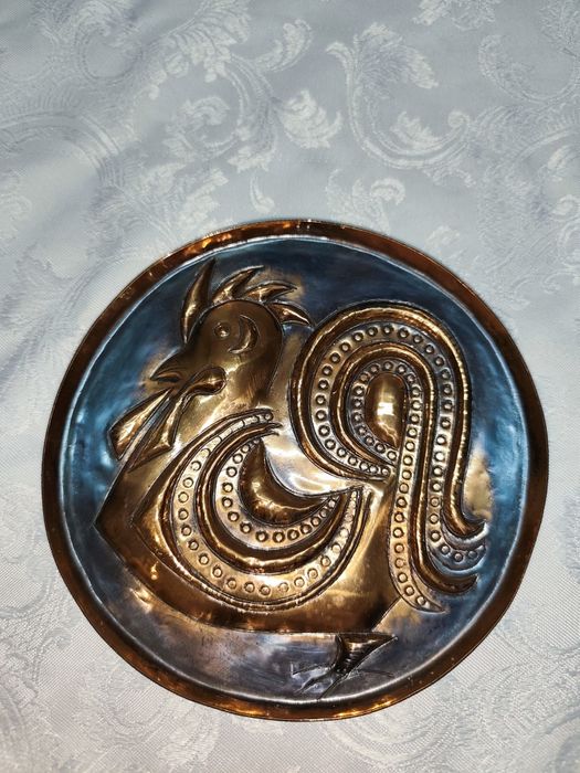 RARYTAS VINTAGE, Miedziany Talerzyk Ścienny 13,5 cm,  Tłoczony Kogut