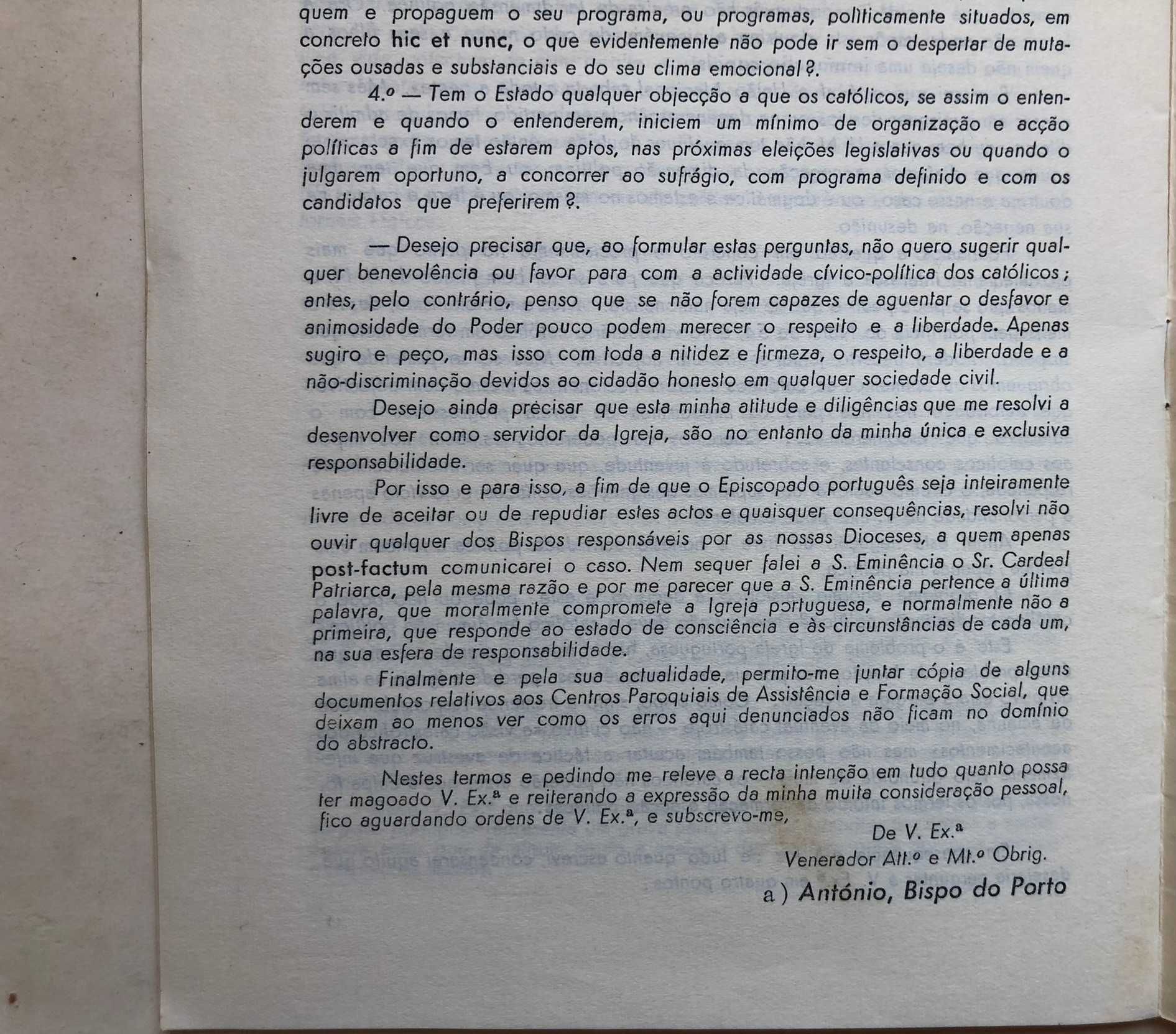 Carta do Senhor Bispo do Porto ao Presidente do Concelho