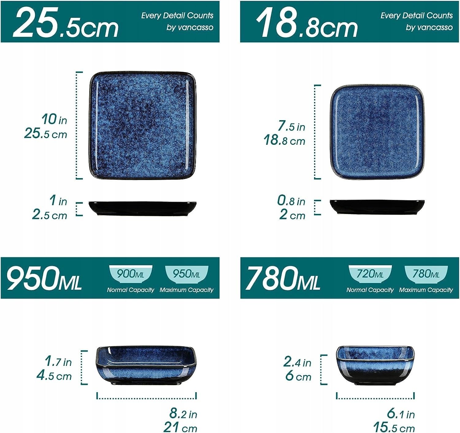 Zestaw obiadowy dla 4 osób, niebieski galaxy, vancasso stern blue