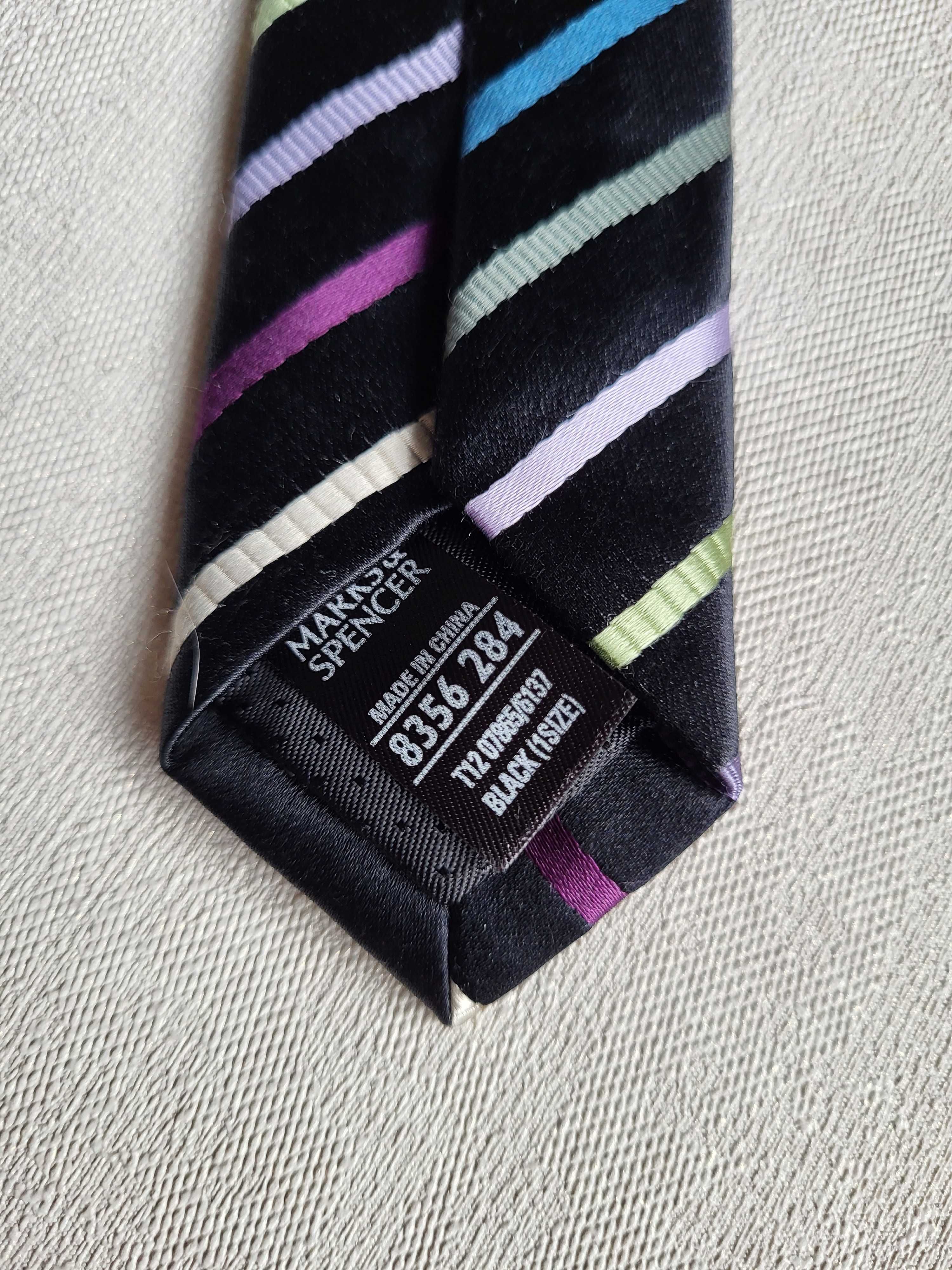 Jedwabny elegancki krawat jedwab 100% Autograph M&S czarny paski kolor