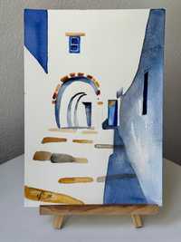 ART Quadro Pintura aguarela c/moldura watercolor Santorini Decoração