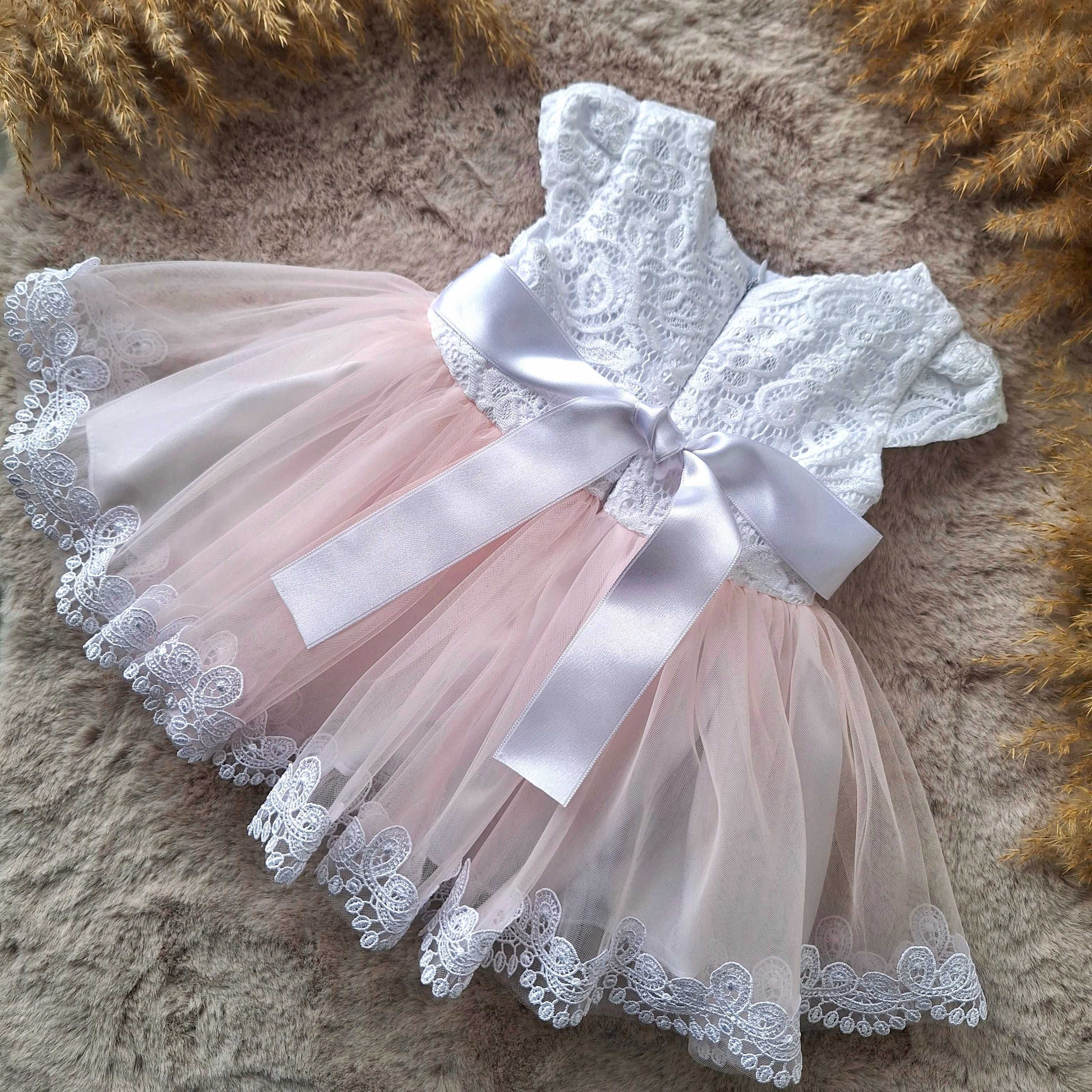 Sukienka tiulowa dla dziewczynki chrzest wesele koronkowa biel/róż
